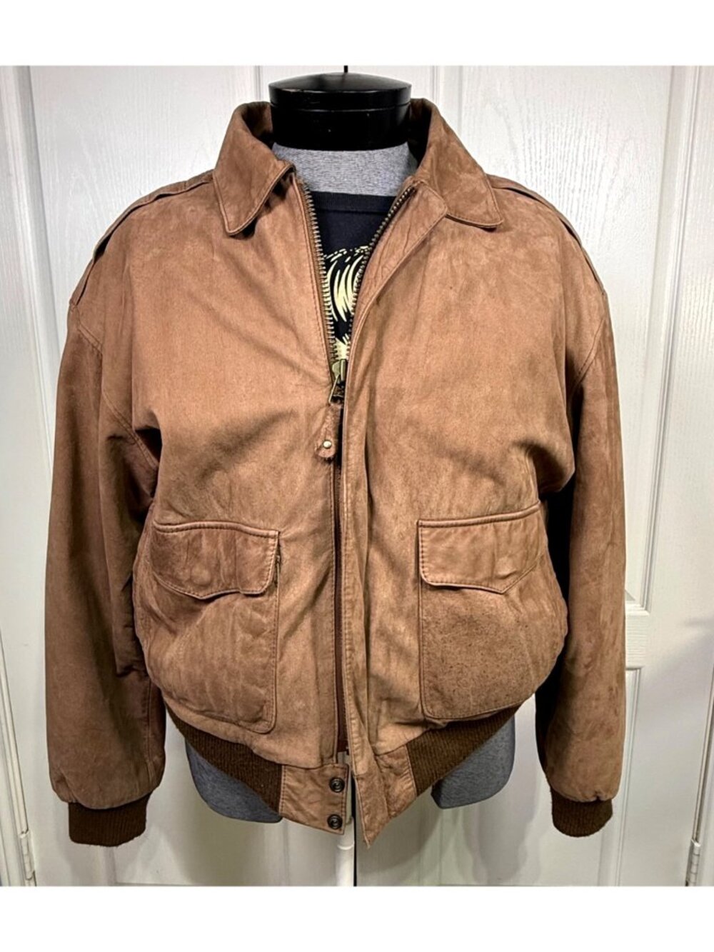 Vtg Ash Creek Trading Co. Men Large Brown Bomber/Flight Leather Jacket World Map